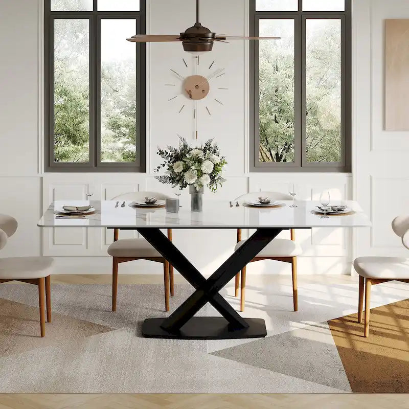 Mesa de comedor rectangular moderna con tablero de piedra sinterizada brillante, mesa de cocina blanca