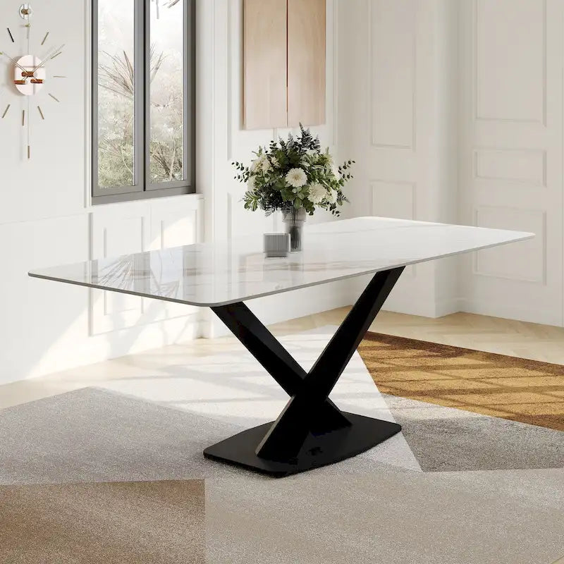 Mesa de comedor rectangular moderna con tablero de piedra sinterizada brillante, mesa de cocina blanca