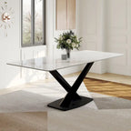 Mesa de comedor rectangular moderna con tablero de piedra sinterizada brillante, mesa de cocina blanca