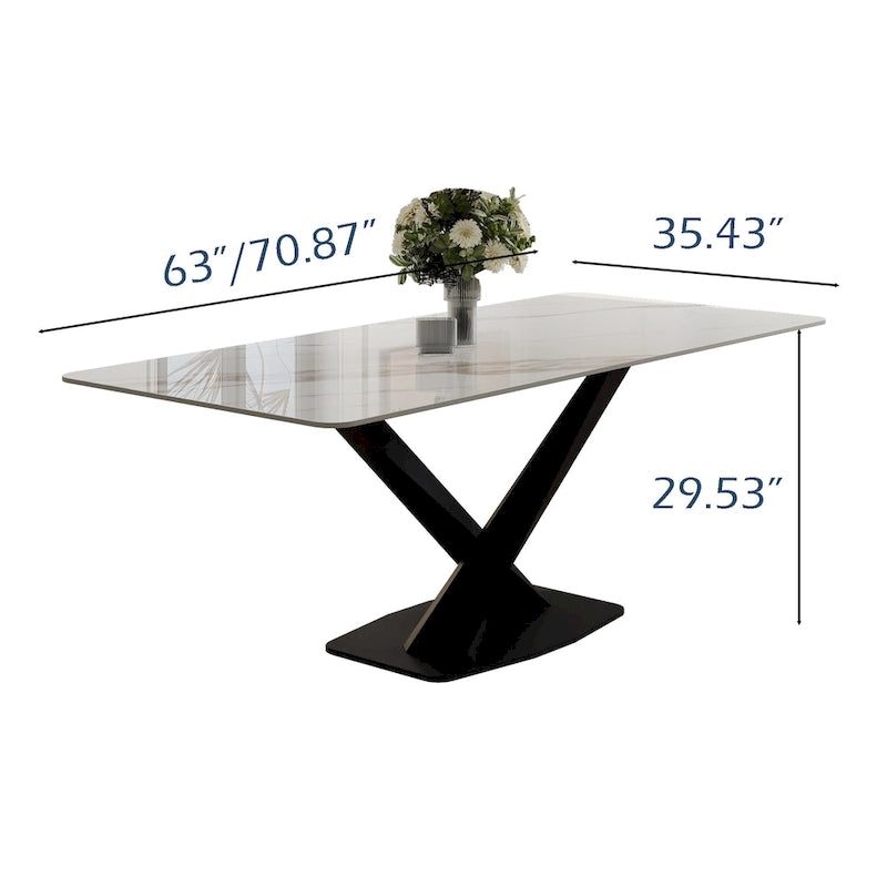 Mesa de comedor rectangular moderna con tablero de piedra sinterizada brillante, mesa de cocina blanca