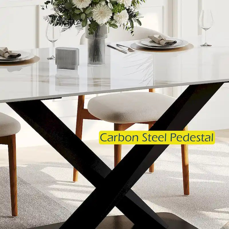 Mesa de comedor rectangular moderna con tablero de piedra sinterizada brillante, mesa de cocina blanca