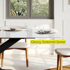 Mesa de comedor rectangular moderna con tablero de piedra sinterizada brillante, mesa de cocina blanca