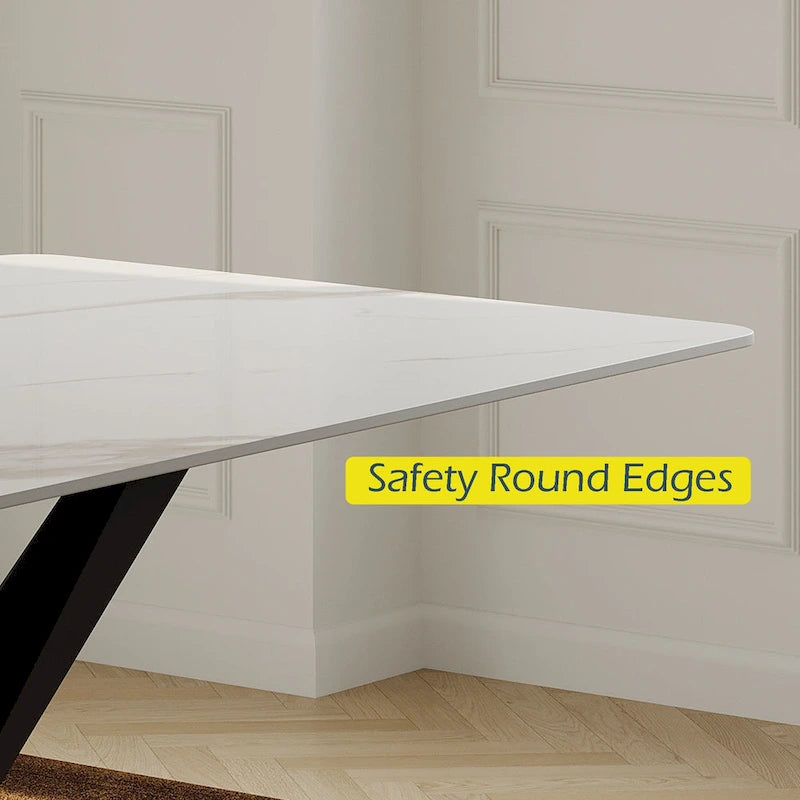 Mesa de comedor rectangular moderna con tablero de piedra sinterizada brillante, mesa de cocina blanca
