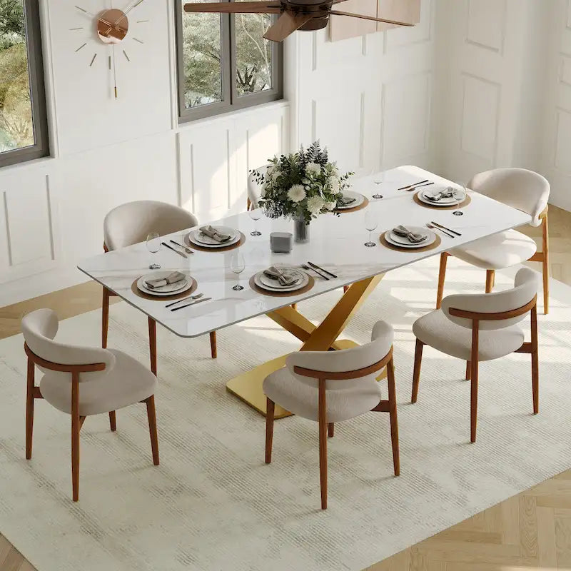 Mesa de comedor rectangular moderna con tablero de piedra sinterizada brillante, mesa de cocina blanca
