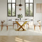 Mesa de comedor rectangular moderna con tablero de piedra sinterizada brillante, mesa de cocina blanca
