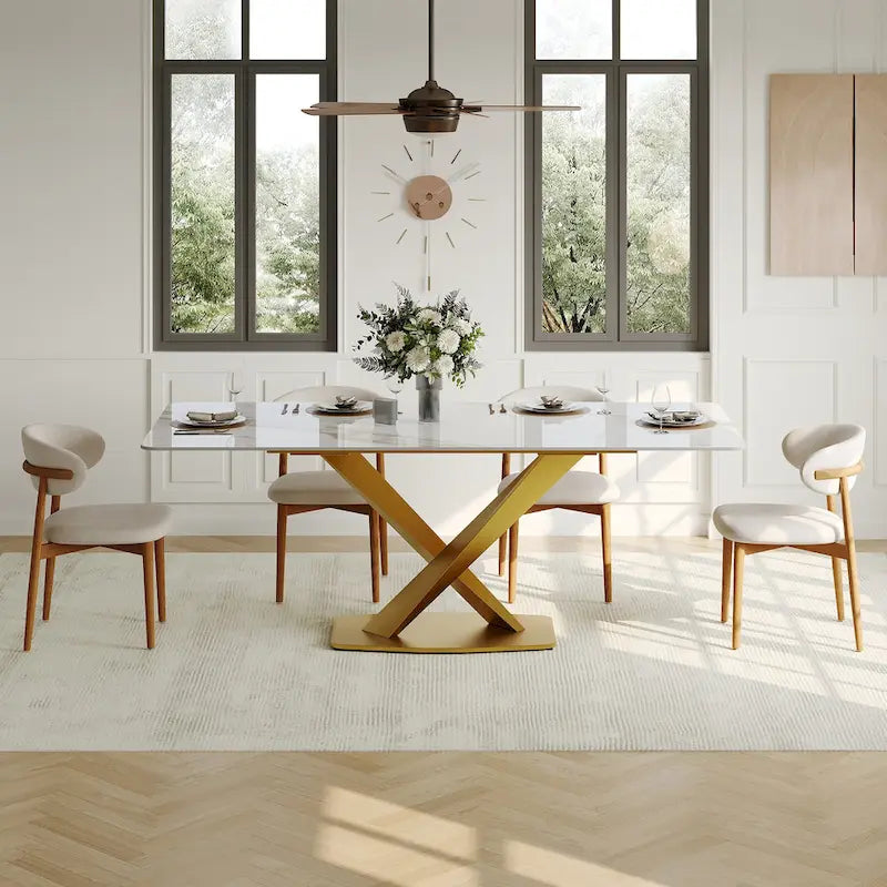 Mesa de comedor rectangular moderna con tablero de piedra sinterizada brillante, mesa de cocina blanca
