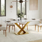 Mesa de comedor rectangular moderna con tablero de piedra sinterizada brillante, mesa de cocina blanca