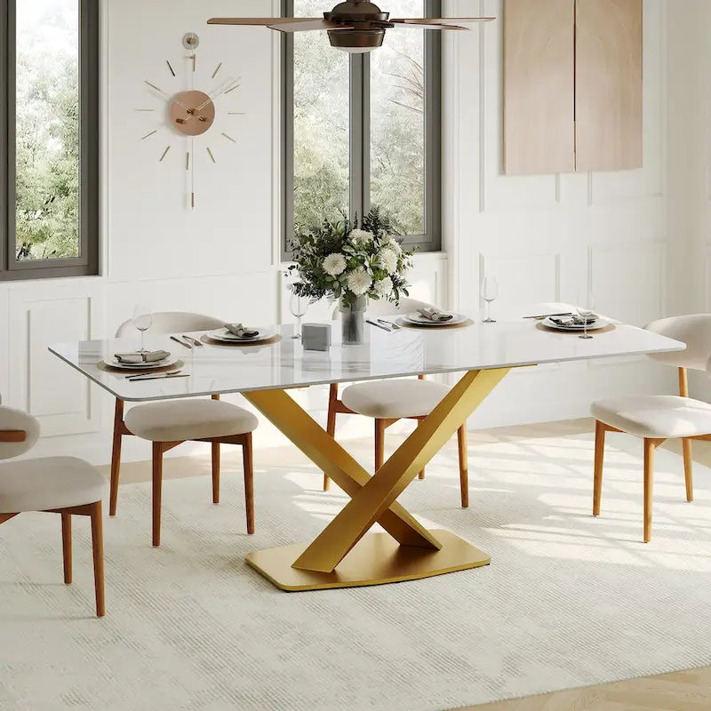Mesa de comedor rectangular moderna con tablero de piedra sinterizada brillante, mesa de cocina blanca
