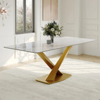 Mesa de comedor rectangular moderna con tablero de piedra sinterizada brillante, mesa de cocina blanca