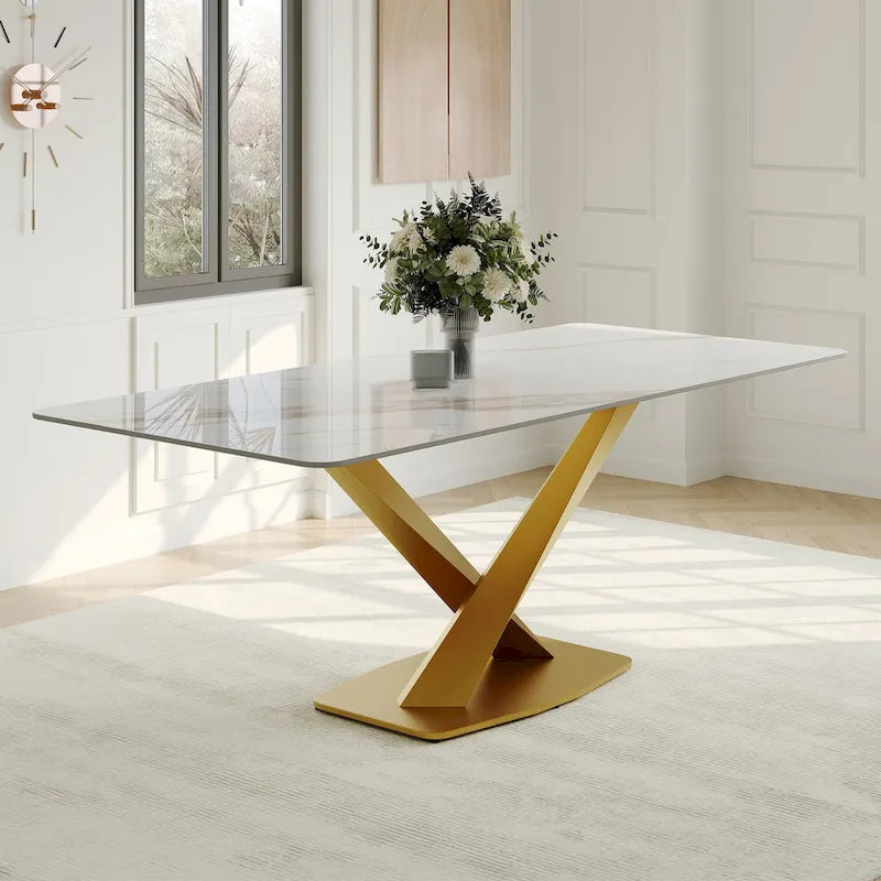 Mesa de comedor rectangular moderna con tablero de piedra sinterizada brillante, mesa de cocina blanca