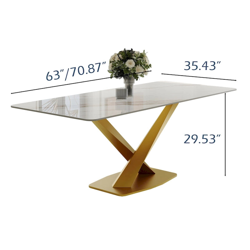 Mesa de comedor rectangular moderna con tablero de piedra sinterizada brillante, mesa de cocina blanca