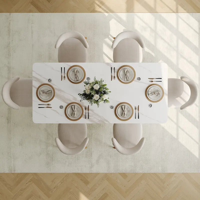 Mesa de comedor rectangular moderna con tablero de piedra sinterizada brillante, mesa de cocina blanca