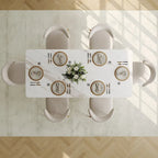 Mesa de comedor rectangular moderna con tablero de piedra sinterizada brillante, mesa de cocina blanca