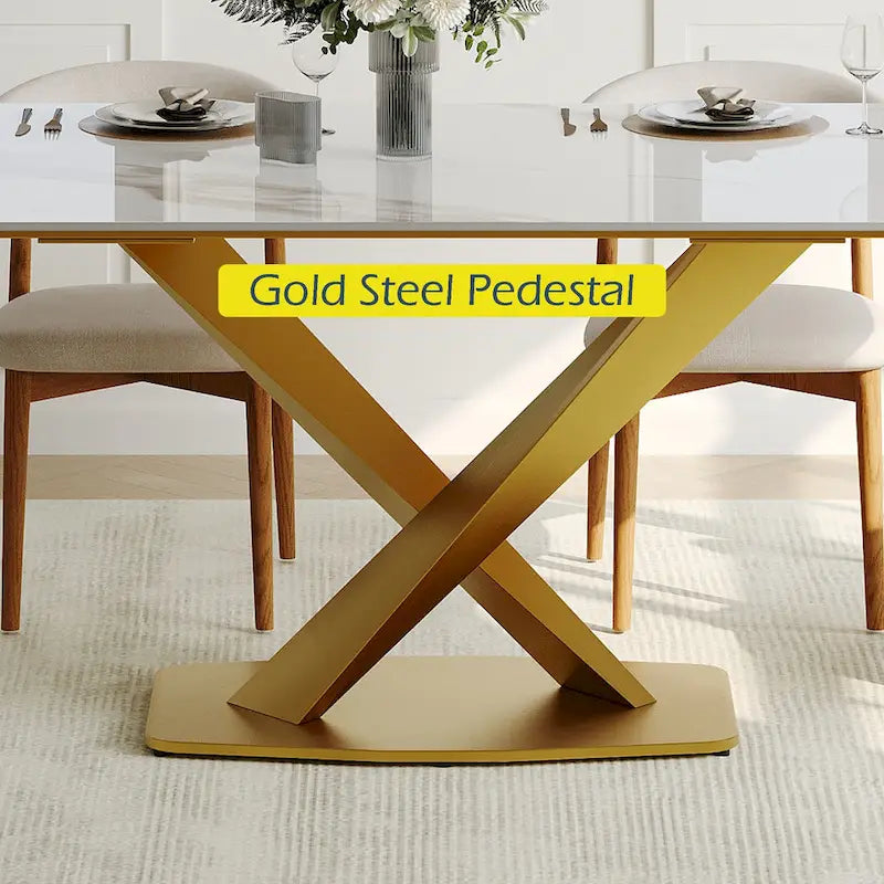 Mesa de comedor rectangular moderna con tablero de piedra sinterizada brillante, mesa de cocina blanca