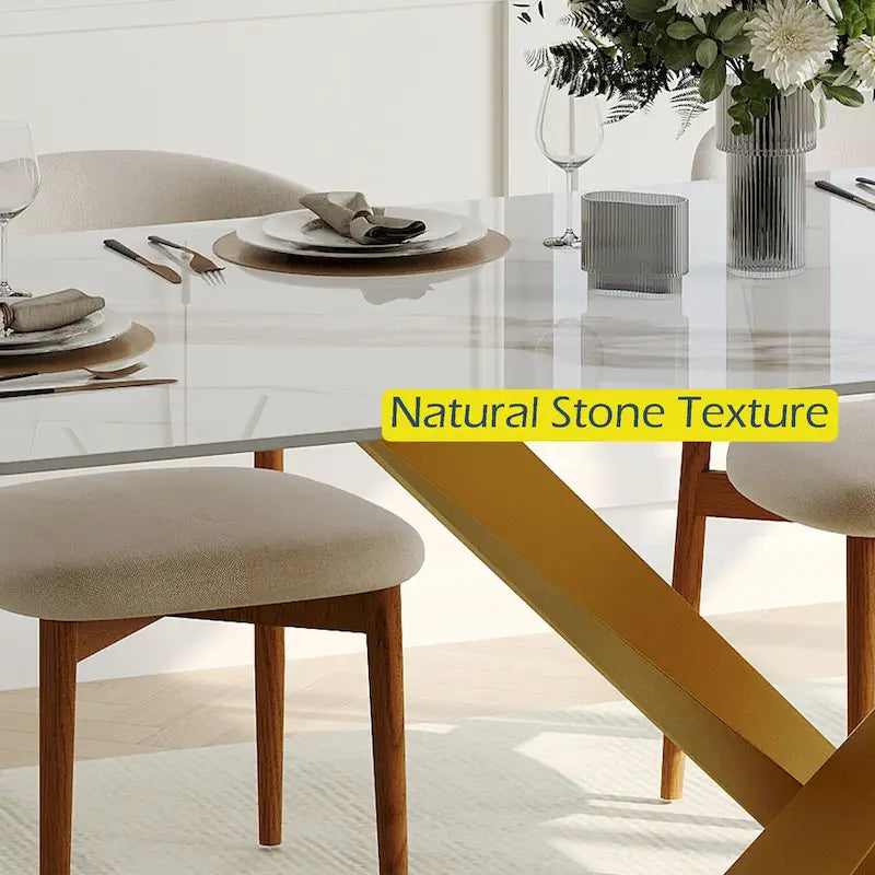 Mesa de comedor rectangular moderna con tablero de piedra sinterizada brillante, mesa de cocina blanca