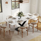 Mesa de comedor rectangular moderna con tablero de piedra sinterizada brillante, mesa de cocina blanca