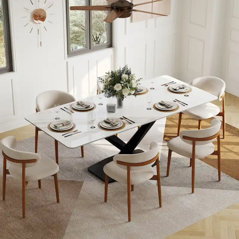 Mesa de comedor rectangular moderna con tablero de piedra sinterizada brillante, mesa de cocina blanca