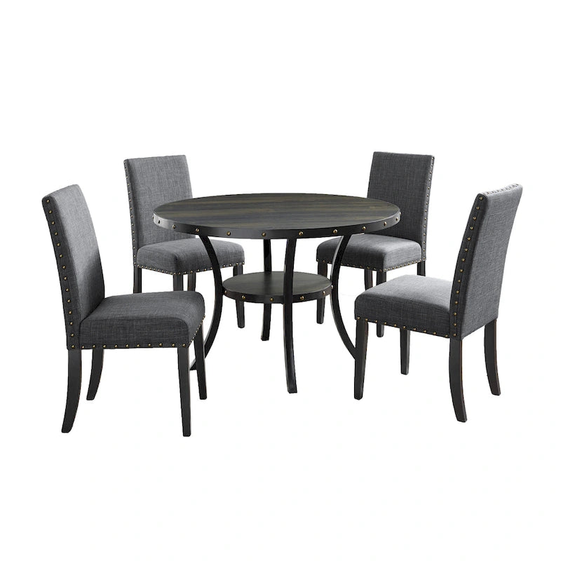 Juegos de mesa y sillas de comedor modernos de mediados de siglo Juegos de mesa de comedor de cocina rústica con remaches de latón y patas de metal