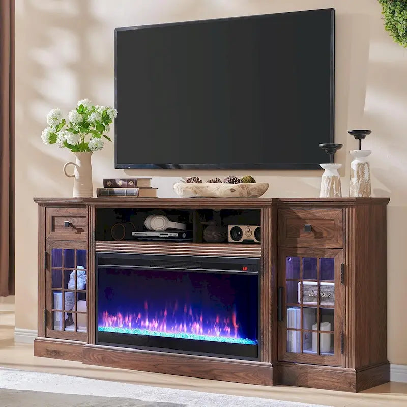 Mueble para TV de 80 pulgadas estilo casa de campo con chimenea, centro de entretenimiento