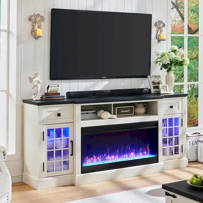 Mueble para TV de 80 pulgadas estilo casa de campo con chimenea, centro de entretenimiento