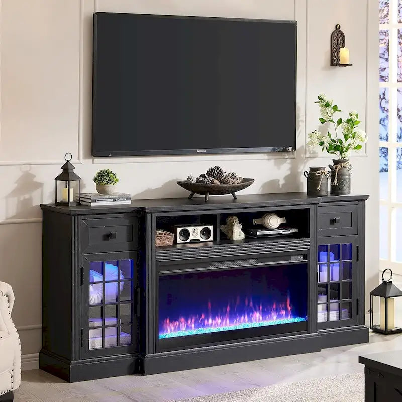 Mueble para TV de 80 pulgadas estilo casa de campo con chimenea, centro de entretenimiento