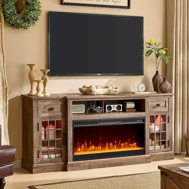 Mueble para TV de 80 pulgadas estilo casa de campo con chimenea, centro de entretenimiento