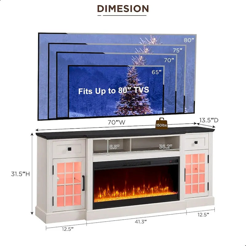 Mueble para TV de 80 pulgadas estilo casa de campo con chimenea, centro de entretenimiento