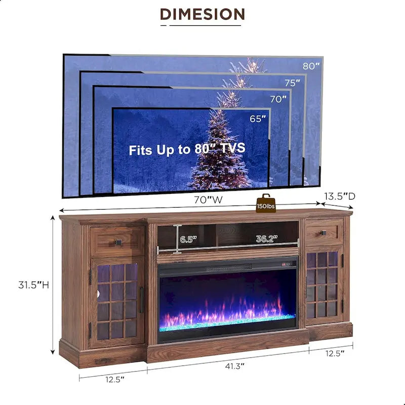 Mueble para TV de 80 pulgadas estilo casa de campo con chimenea, centro de entretenimiento