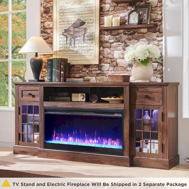 Mueble para TV de 80 pulgadas estilo casa de campo con chimenea, centro de entretenimiento