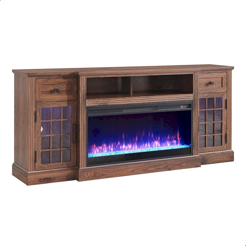 Mueble para TV de 80 pulgadas estilo casa de campo con chimenea, centro de entretenimiento