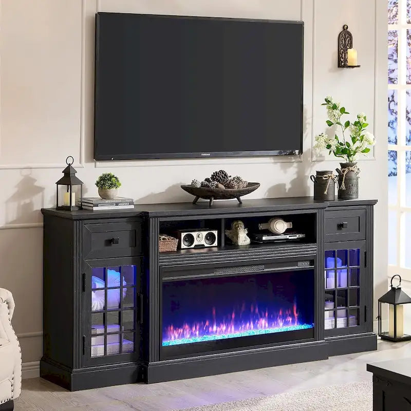 Mueble para TV de 80 pulgadas estilo casa de campo con chimenea, centro de entretenimiento