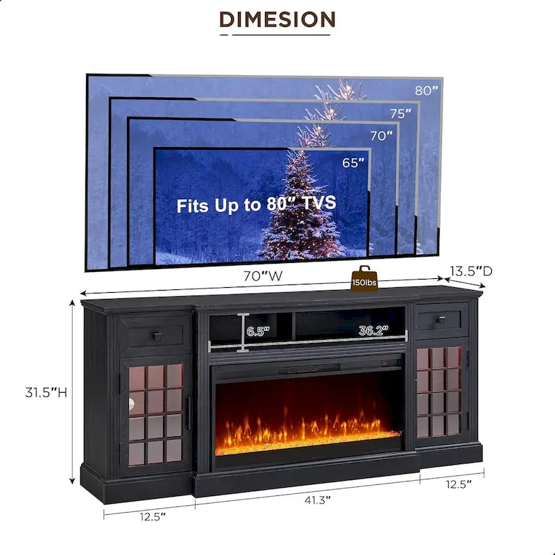 Mueble para TV de 80 pulgadas estilo casa de campo con chimenea, centro de entretenimiento