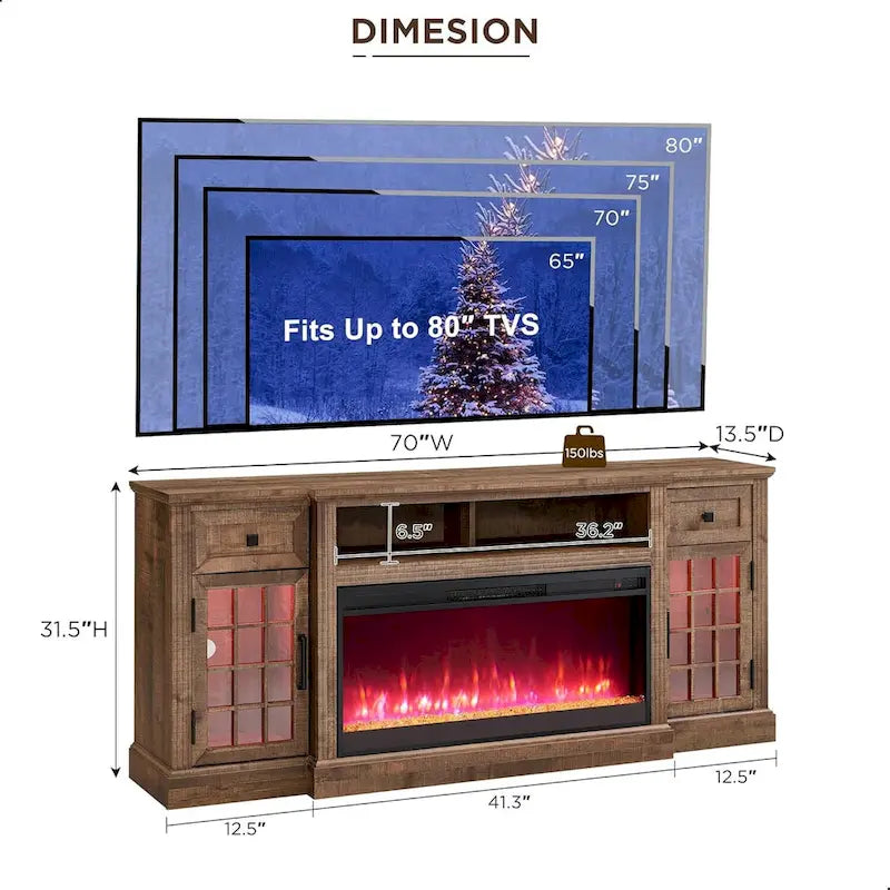 Mueble para TV de 80 pulgadas estilo casa de campo con chimenea, centro de entretenimiento