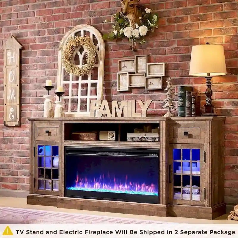 Mueble para TV de 80 pulgadas estilo casa de campo con chimenea, centro de entretenimiento