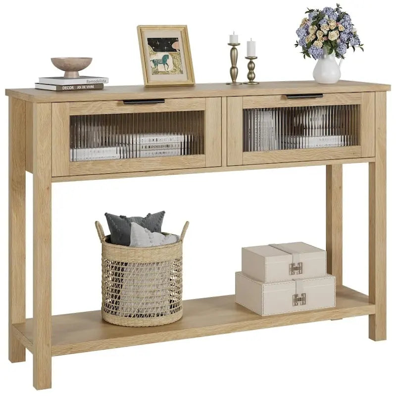 Mesa Consola Rústica con 2 Cajones de Cristal y Estante para Recibidor o Sala de Estar