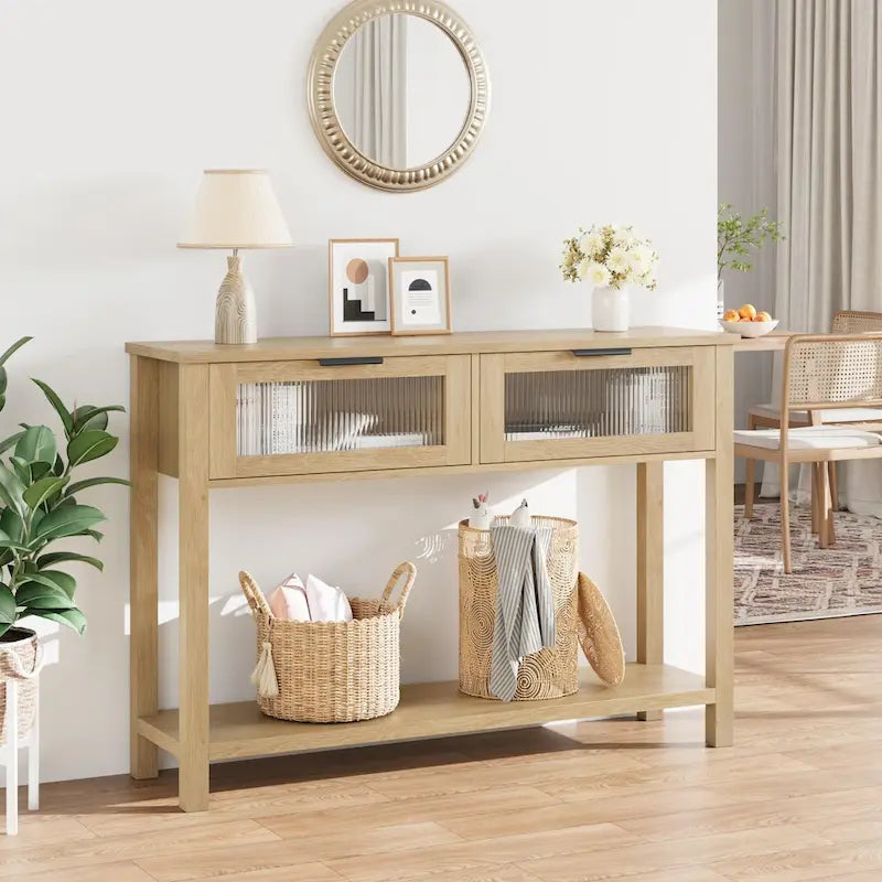 Mesa Consola Rústica con 2 Cajones de Cristal y Estante para Recibidor o Sala de Estar