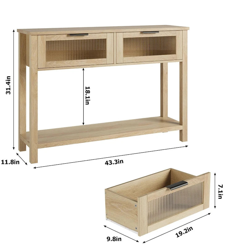 Mesa Consola Rústica con 2 Cajones de Cristal y Estante para Recibidor o Sala de Estar