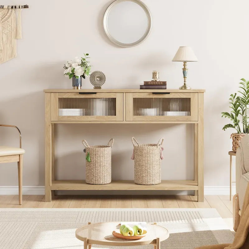 Mesa Consola Rústica con 2 Cajones de Cristal y Estante para Recibidor o Sala de Estar