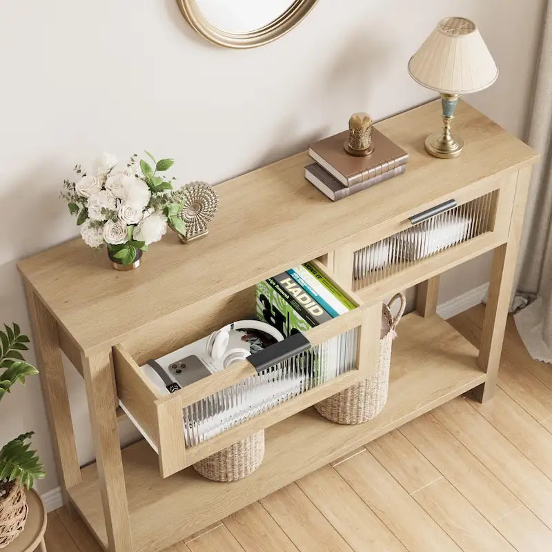 Mesa Consola Rústica con 2 Cajones de Cristal y Estante para Recibidor o Sala de Estar