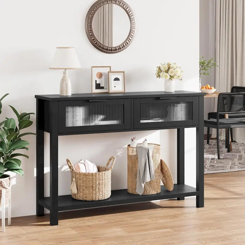 Mesa Consola Rústica con 2 Cajones de Cristal y Estante para Recibidor o Sala de Estar