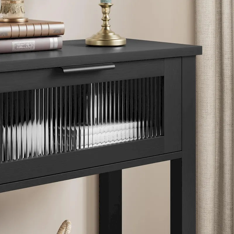 Mesa Consola Rústica con 2 Cajones de Cristal y Estante para Recibidor o Sala de Estar