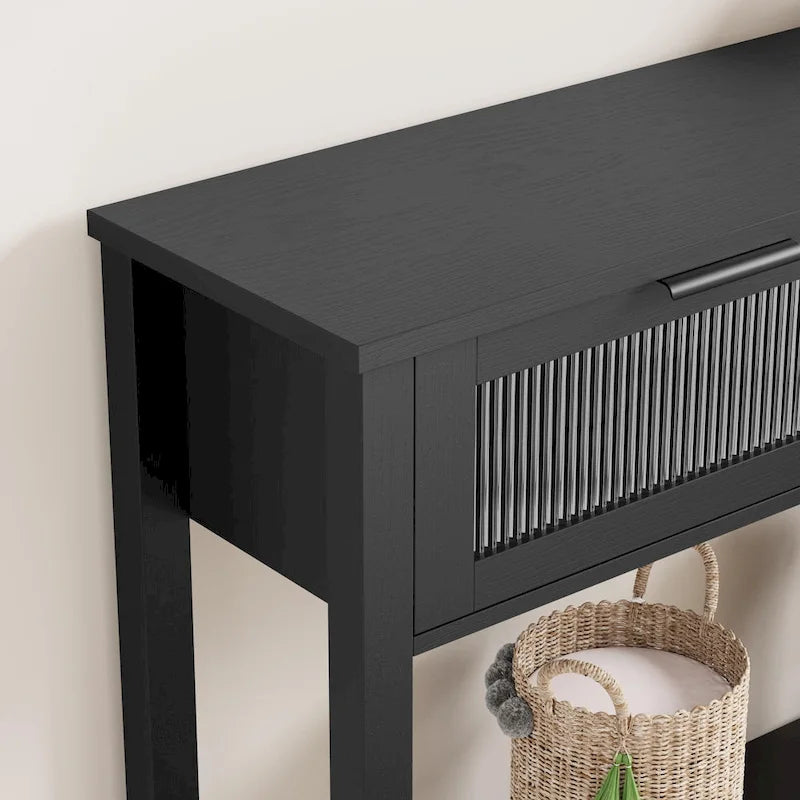 Mesa Consola Rústica con 2 Cajones de Cristal y Estante para Recibidor o Sala de Estar