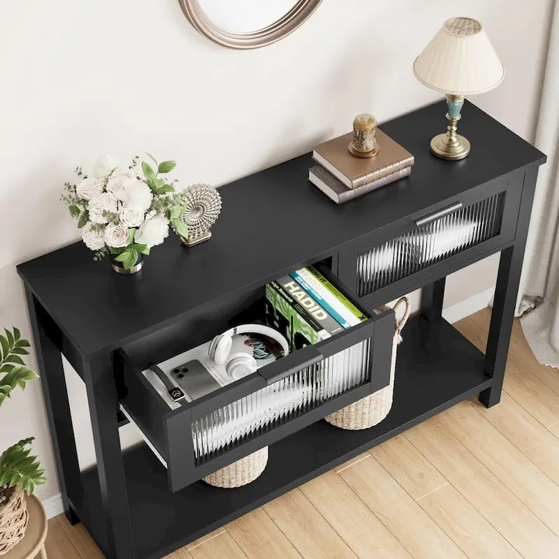 Mesa Consola Rústica con 2 Cajones de Cristal y Estante para Recibidor o Sala de Estar