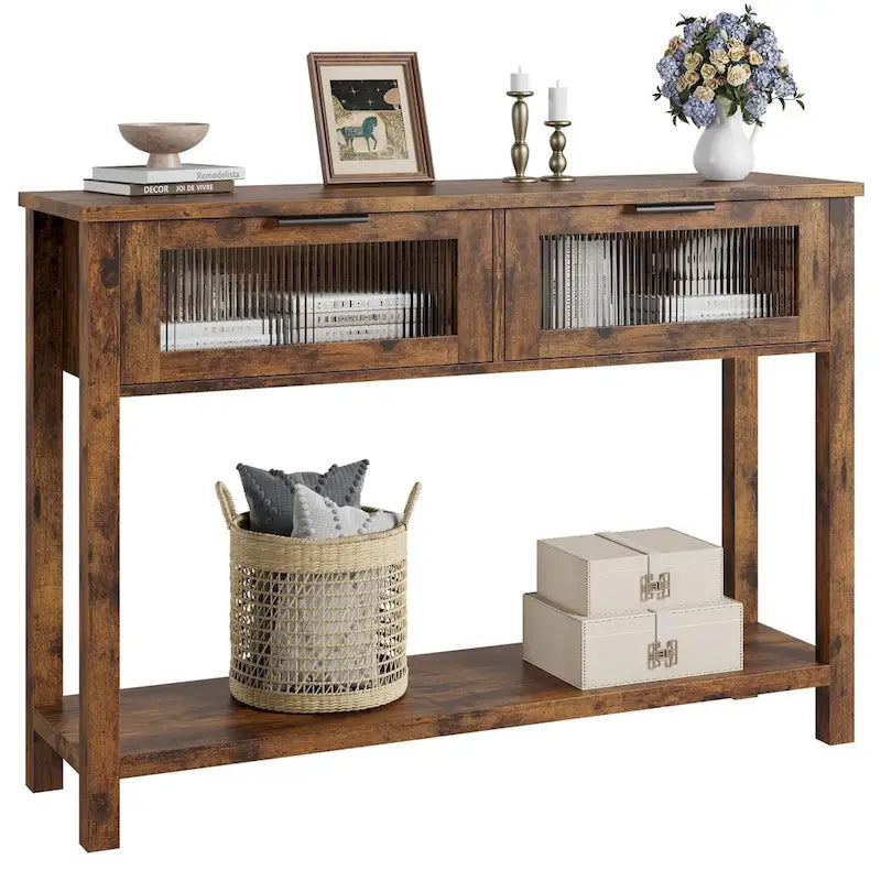 Mesa Consola Rústica con 2 Cajones de Cristal y Estante para Recibidor o Sala de Estar