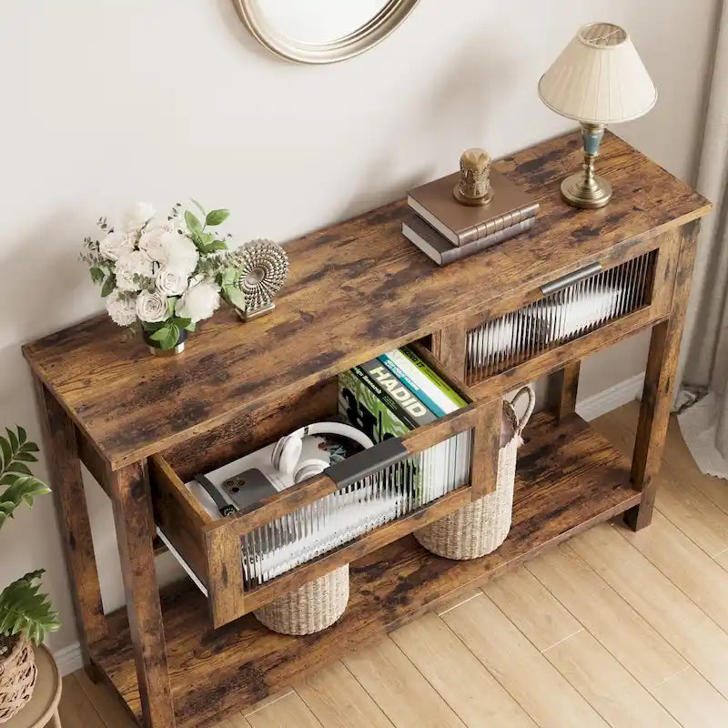 Mesa Consola Rústica con 2 Cajones de Cristal y Estante para Recibidor o Sala de Estar