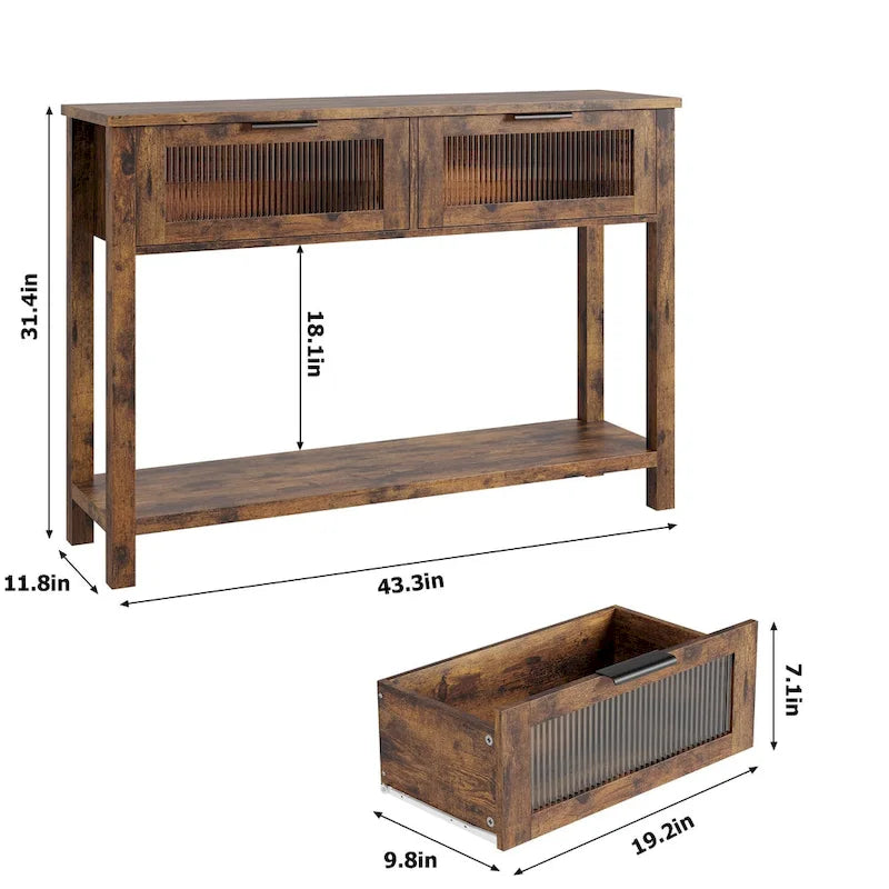 Mesa Consola Rústica con 2 Cajones de Cristal y Estante para Recibidor o Sala de Estar