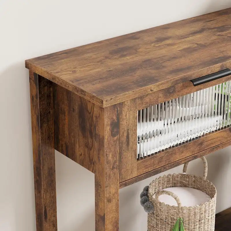 Mesa Consola Rústica con 2 Cajones de Cristal y Estante para Recibidor o Sala de Estar