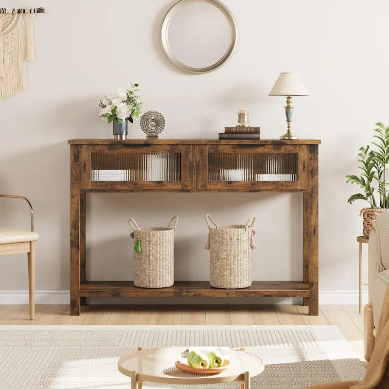 Mesa Consola Rústica con 2 Cajones de Cristal y Estante para Recibidor o Sala de Estar