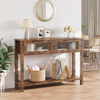 Mesa Consola Rústica con 2 Cajones de Cristal y Estante para Recibidor o Sala de Estar