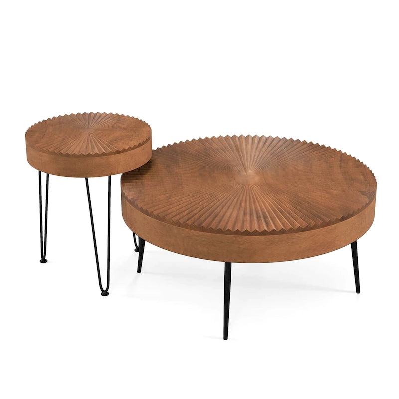 Mesa de centro redonda de estilo rústico y mesa auxiliar con acabado natural